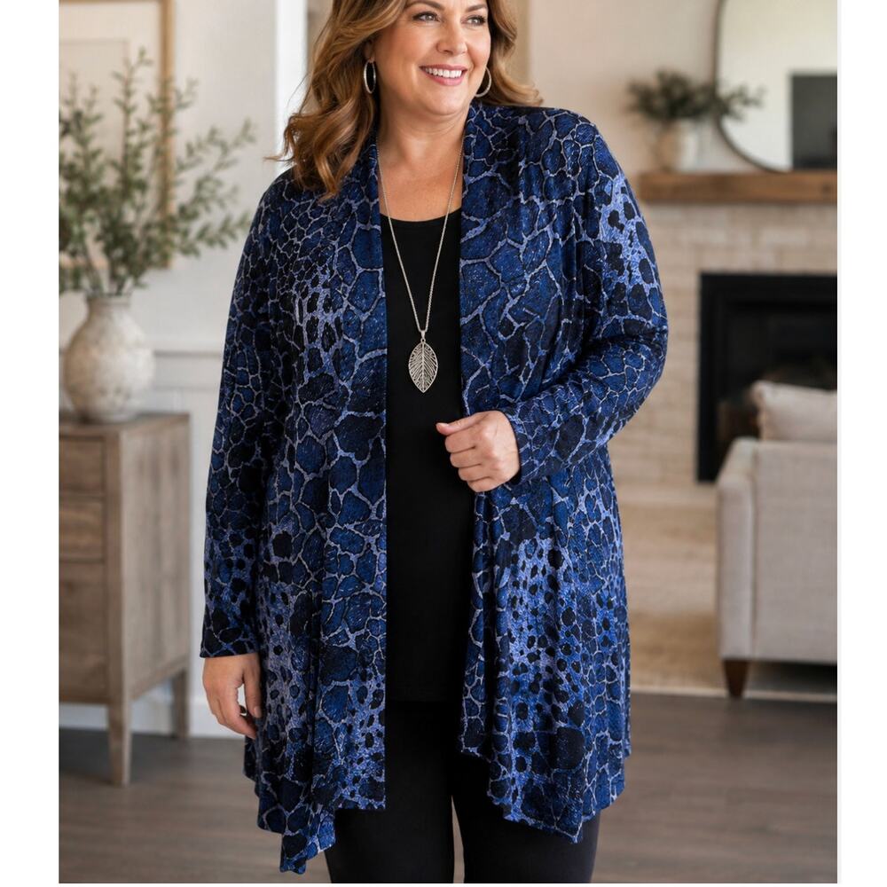 Susan Graver Women’s Plus 2X Blue Black Animal Print Open Front Cardigan Tunic